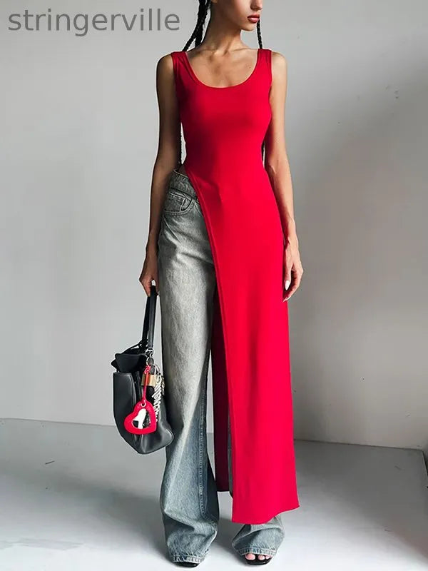 Asymmetric Solid Color Split-side Skinny Sleeveless Square-neck Tank Top