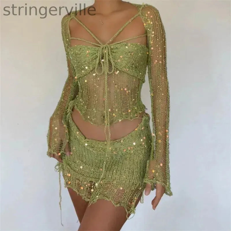 Women's Fashion Casual Sequined Knitted Hollow Suit
