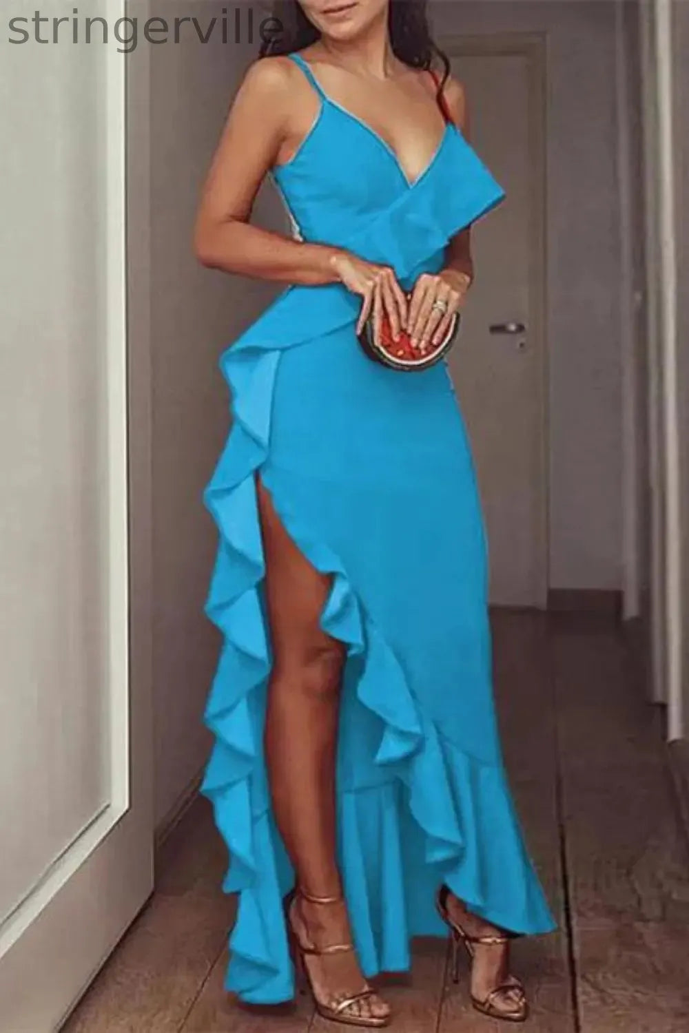 V-neck Ruffles High Slit Sling Wedding Guest Dresses