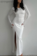 Sexy Backless Slit Strap Design O Neck Long Sleeve Dresses