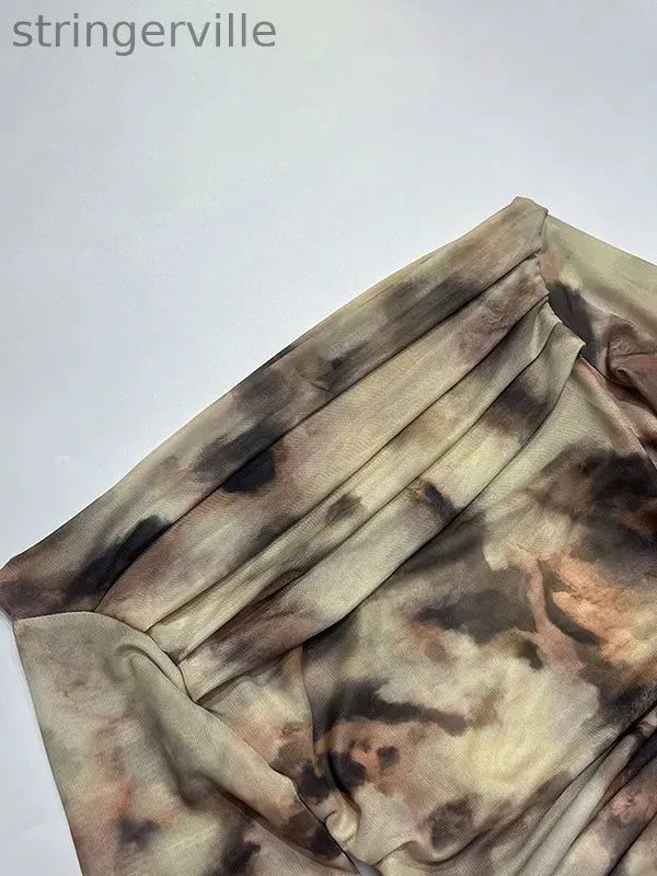 Pleated Split-Joint Tie Dye Long Sleeves Skinny Off-the-shoulder T-Shirts Tops