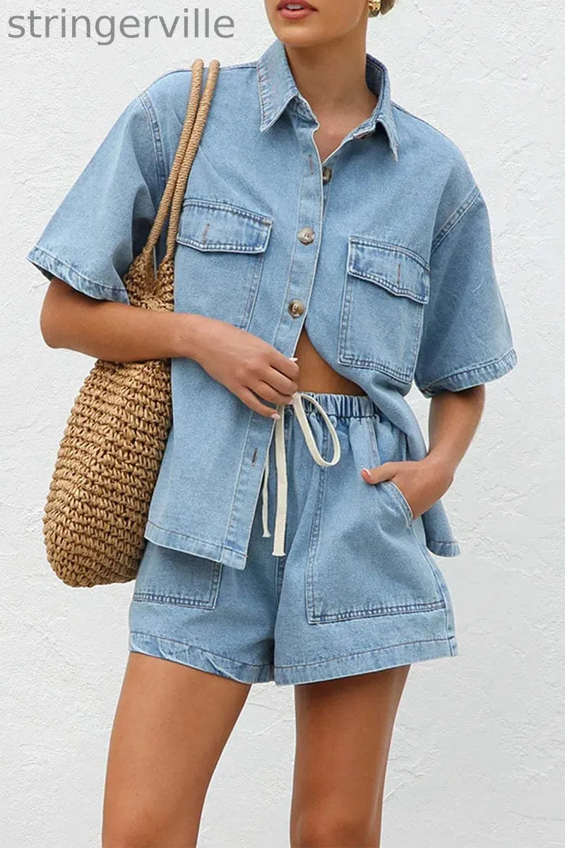 Casual Distressed Draw String Pocket Turndown Collar Short Sleeve Two Pieces