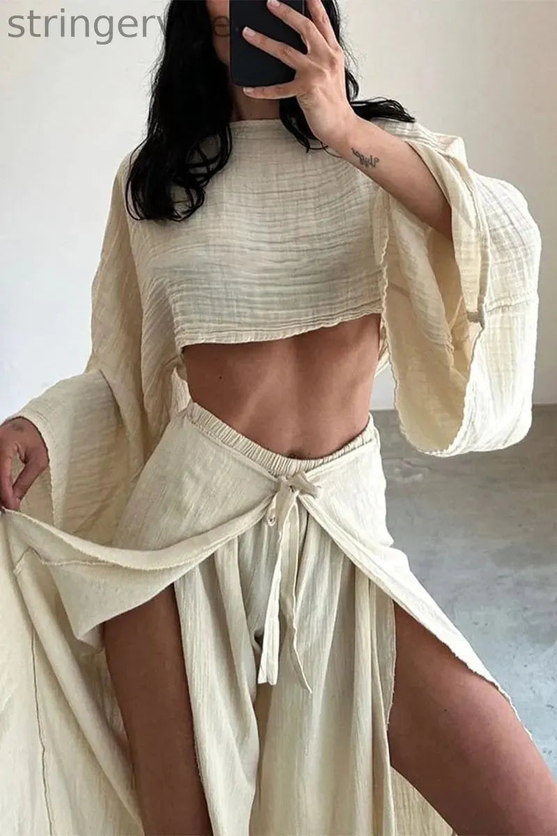 Casual Solid Flounce Slit O Neck Long Sleeve Two Pieces