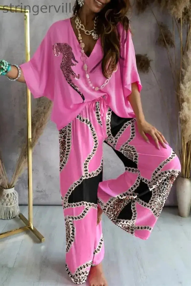 Casual Print Patchwork V Neck Half Sleeve Two Pieces(9 Colors)