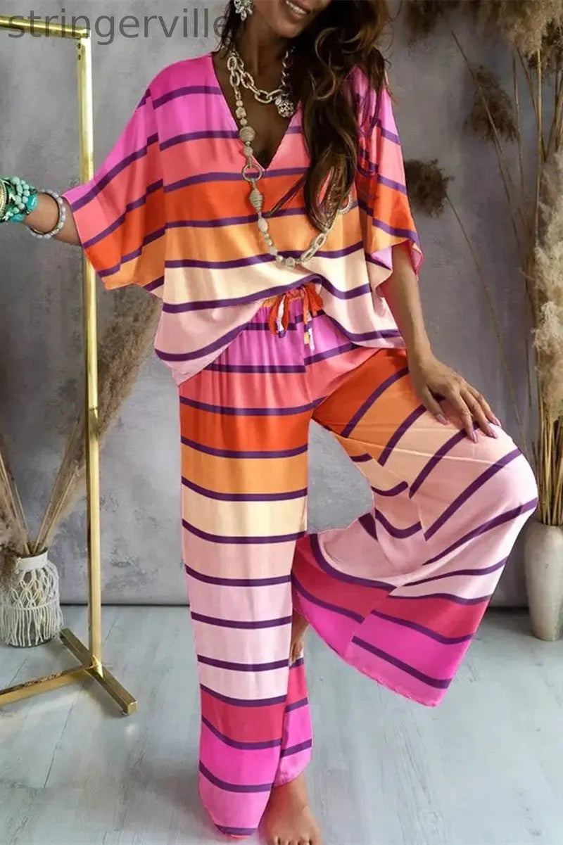 Casual Print Patchwork V Neck Half Sleeve Two Pieces(9 Colors)