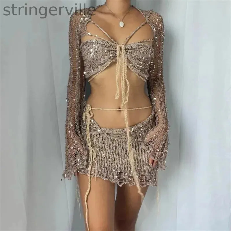 Women's Fashion Casual Sequined Knitted Hollow Suit
