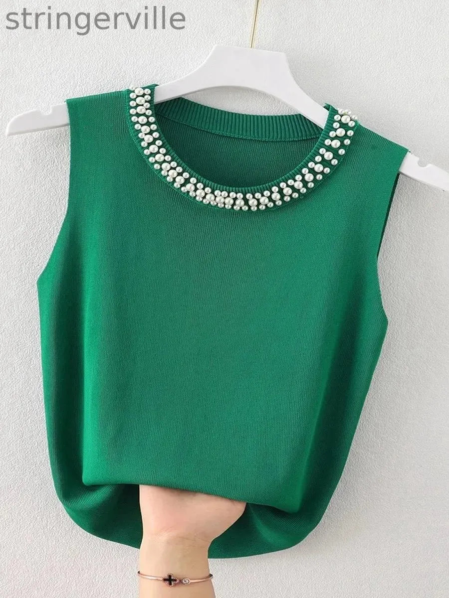 Women's Knitted Tank Top – Sleeveless Solid Color Beaded Vest