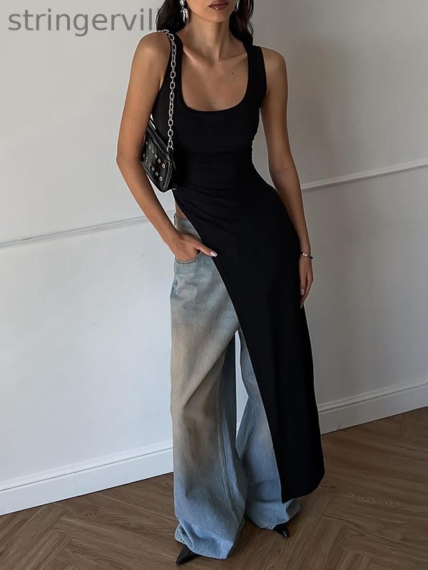 Asymmetric Solid Color Split-side Skinny Sleeveless Square-neck Tank Top