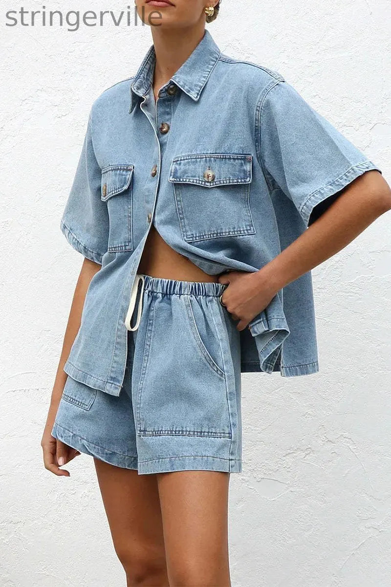 Casual Distressed Draw String Pocket Turndown Collar Short Sleeve Two Pieces