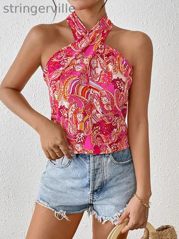 Flower Print Contrast Color Buttoned Sleeveless Loose Halter-Neck Vest Top