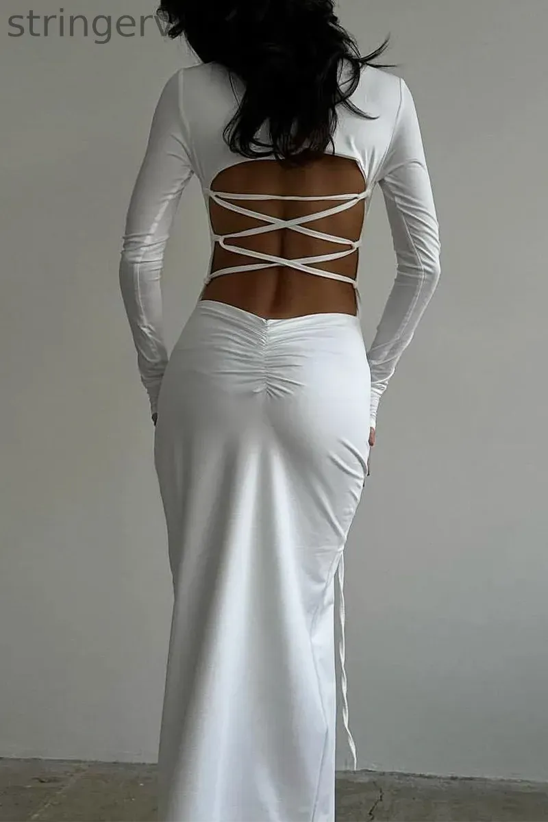 Sexy Backless Slit Strap Design O Neck Long Sleeve Dresses