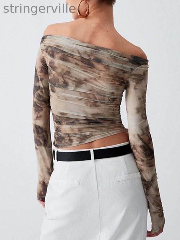 Pleated Split-Joint Tie Dye Long Sleeves Skinny Off-the-shoulder T-Shirts Tops
