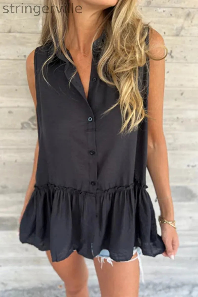 Casual Buttons Pleated Flounce Turndown Collar Tops(3 Colors)
