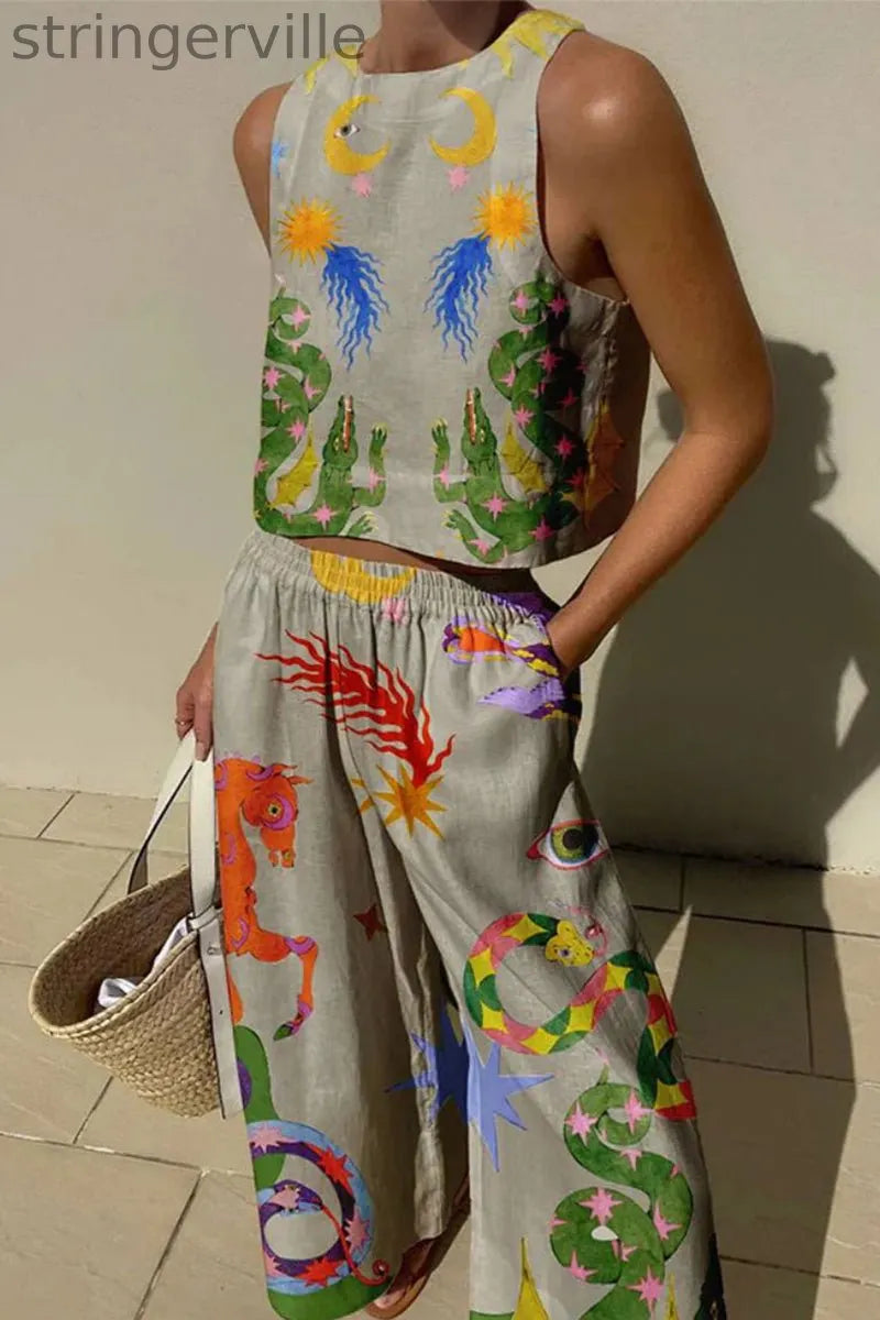 Casual Print Pocket O Neck Sleeveless Two Pieces