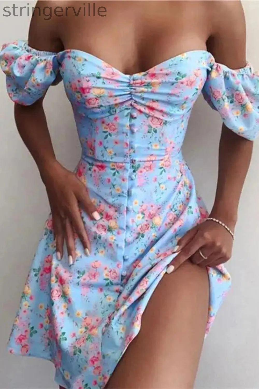 Print Flower Puff Sleeve  Bodycon Wedding Guest Dresses