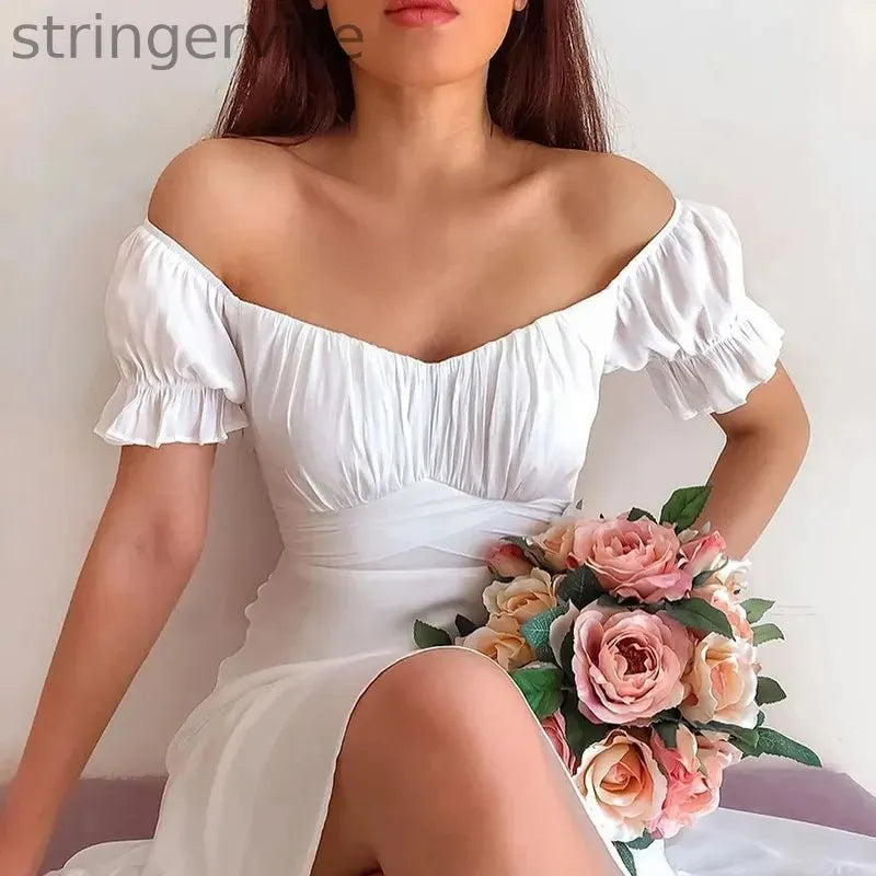 Sexy Off Shoulder High Waist Short Petal Sleeve Elegant  Wedding Guest Dresses