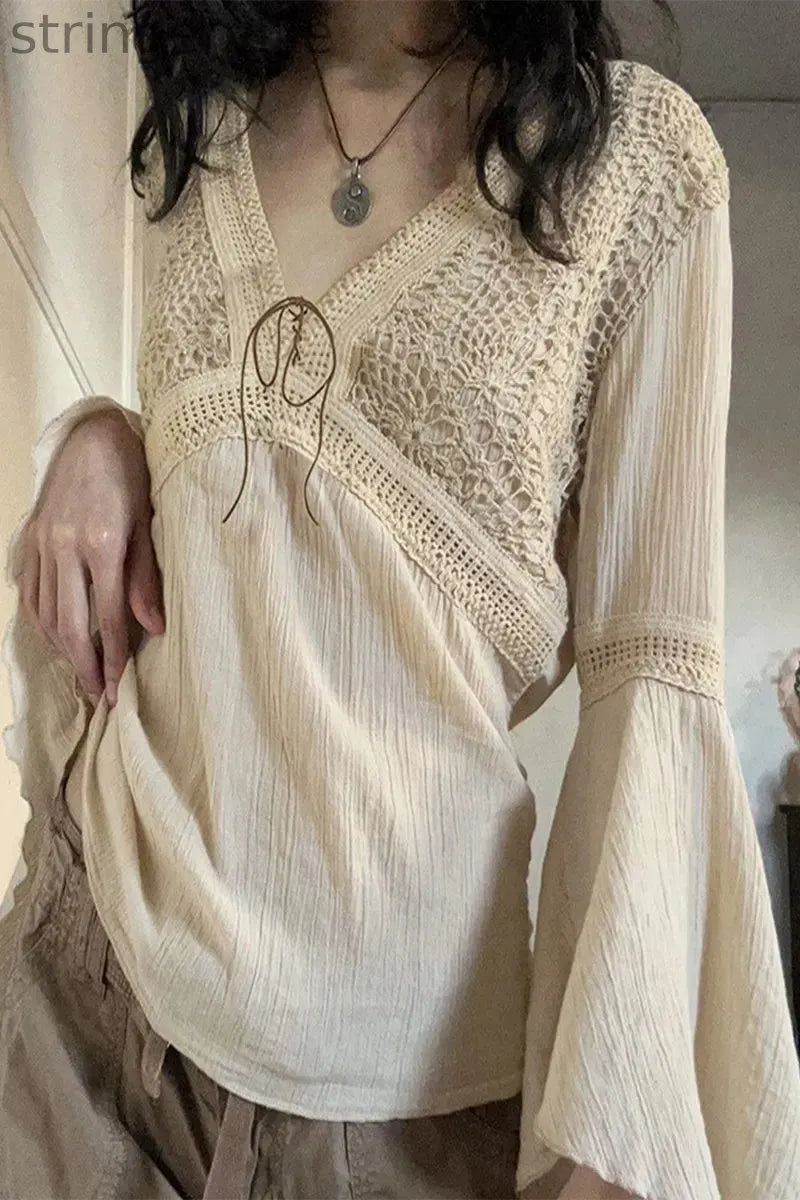 Elegant Solid Patchwork Frenulum V Neck Tops