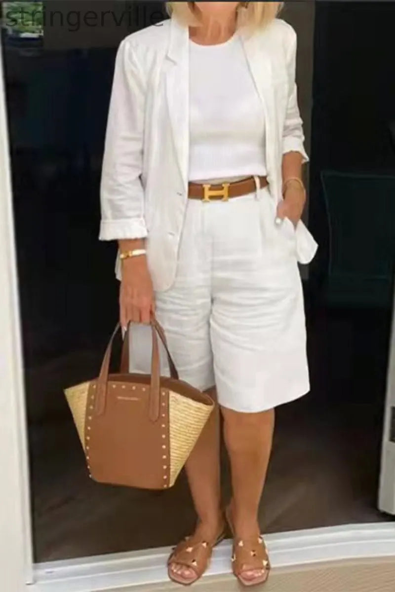 Casual Simplicity Solid Solid Color Turn-back Collar Nine Points Sleeve Two Pieces(4 Colors)