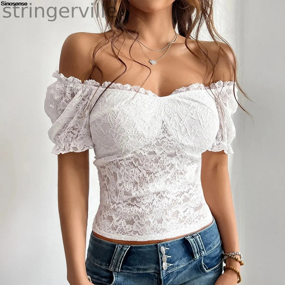 Women's Off Shoulder Crop Top Floral Embroidery Contrast Lace Puff Sleeve Party T-Shirt