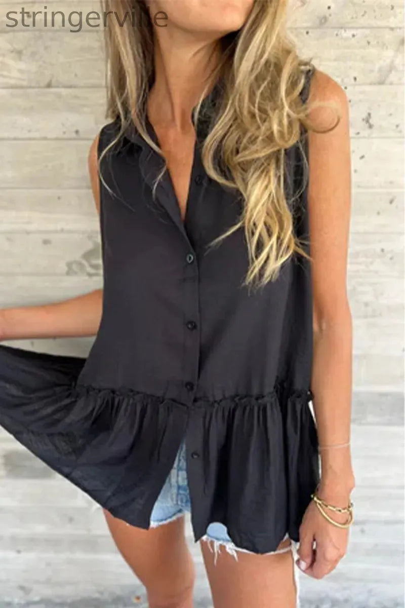 Casual Buttons Pleated Flounce Turndown Collar Tops(3 Colors)