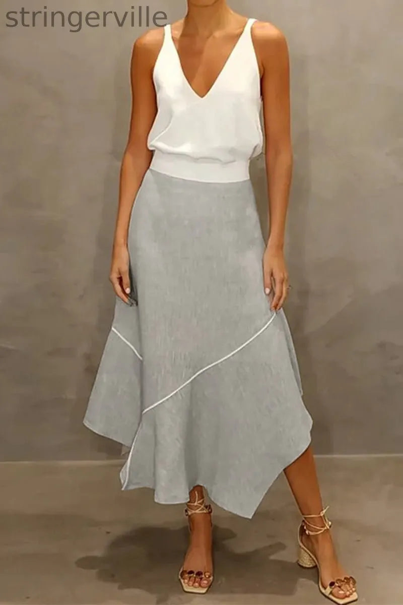 Casual Simplicity Solid Asymmetrical V Neck Sleeveless Two Pieces
