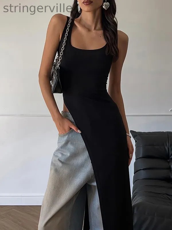 Asymmetric Solid Color Split-side Skinny Sleeveless Square-neck Tank Top