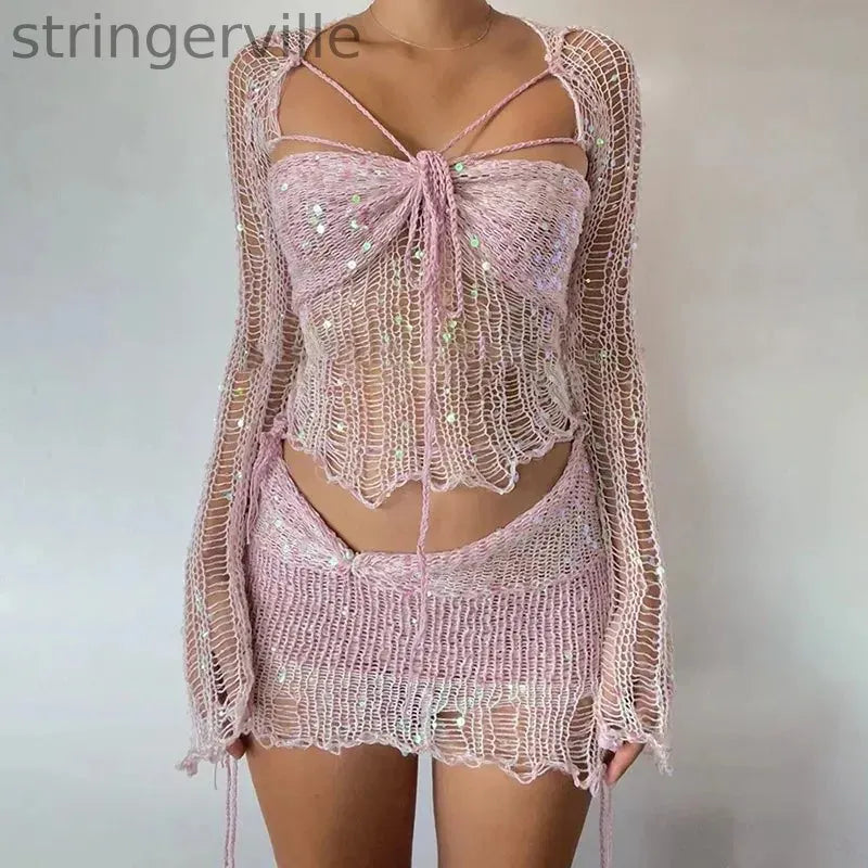 Women's Fashion Casual Sequined Knitted Hollow Suit