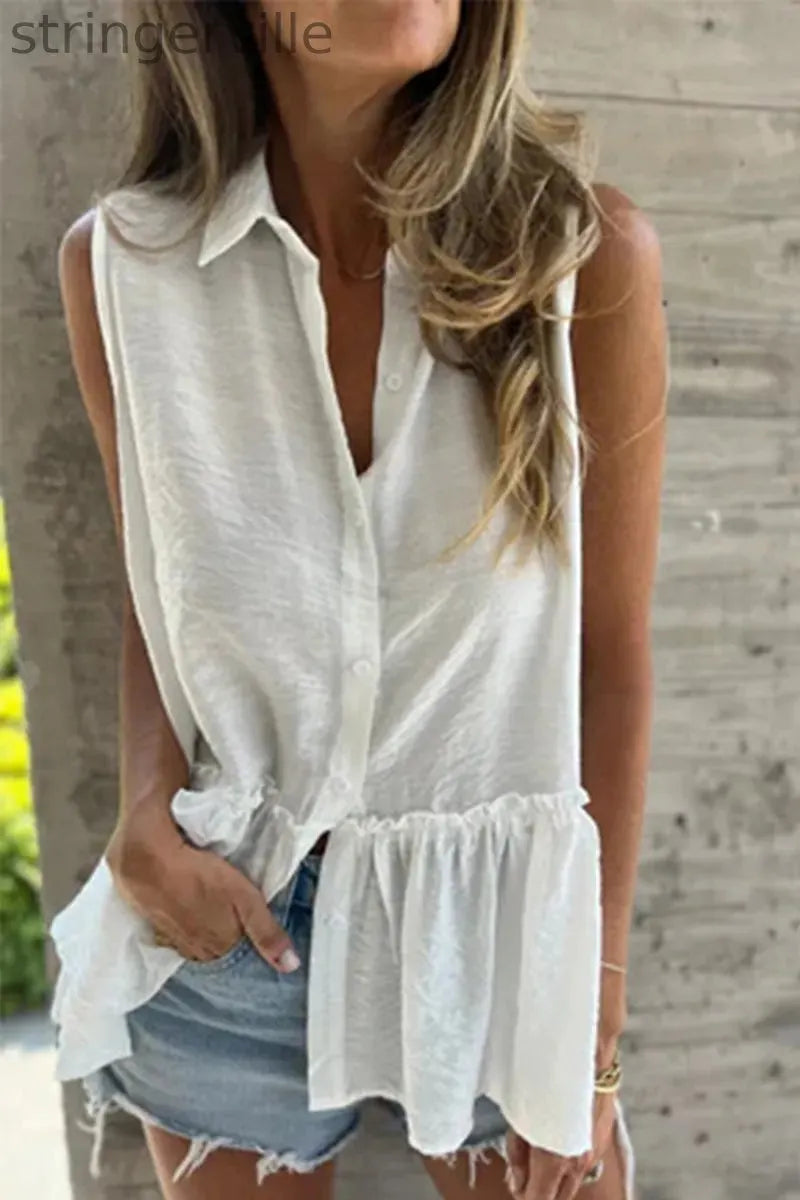 Casual Buttons Pleated Flounce Turndown Collar Tops(3 Colors)