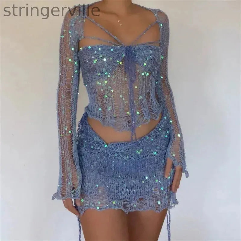 Women's Fashion Casual Sequined Knitted Hollow Suit