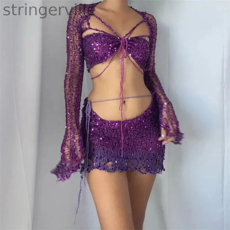 Women's Fashion Casual Sequined Knitted Hollow Suit