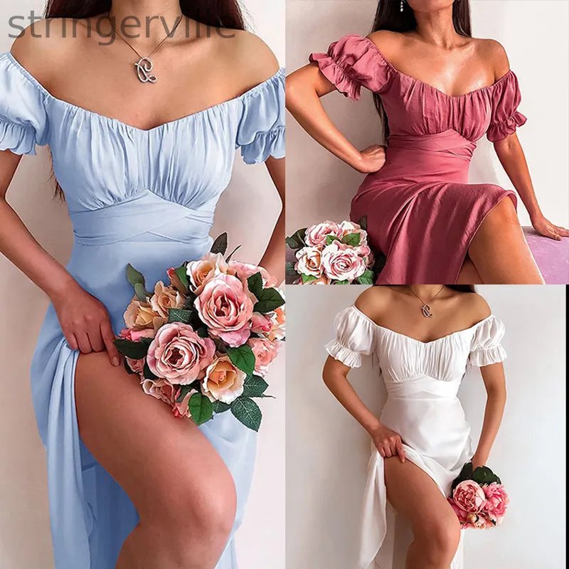 Sexy Off Shoulder High Waist Short Petal Sleeve Elegant  Wedding Guest Dresses