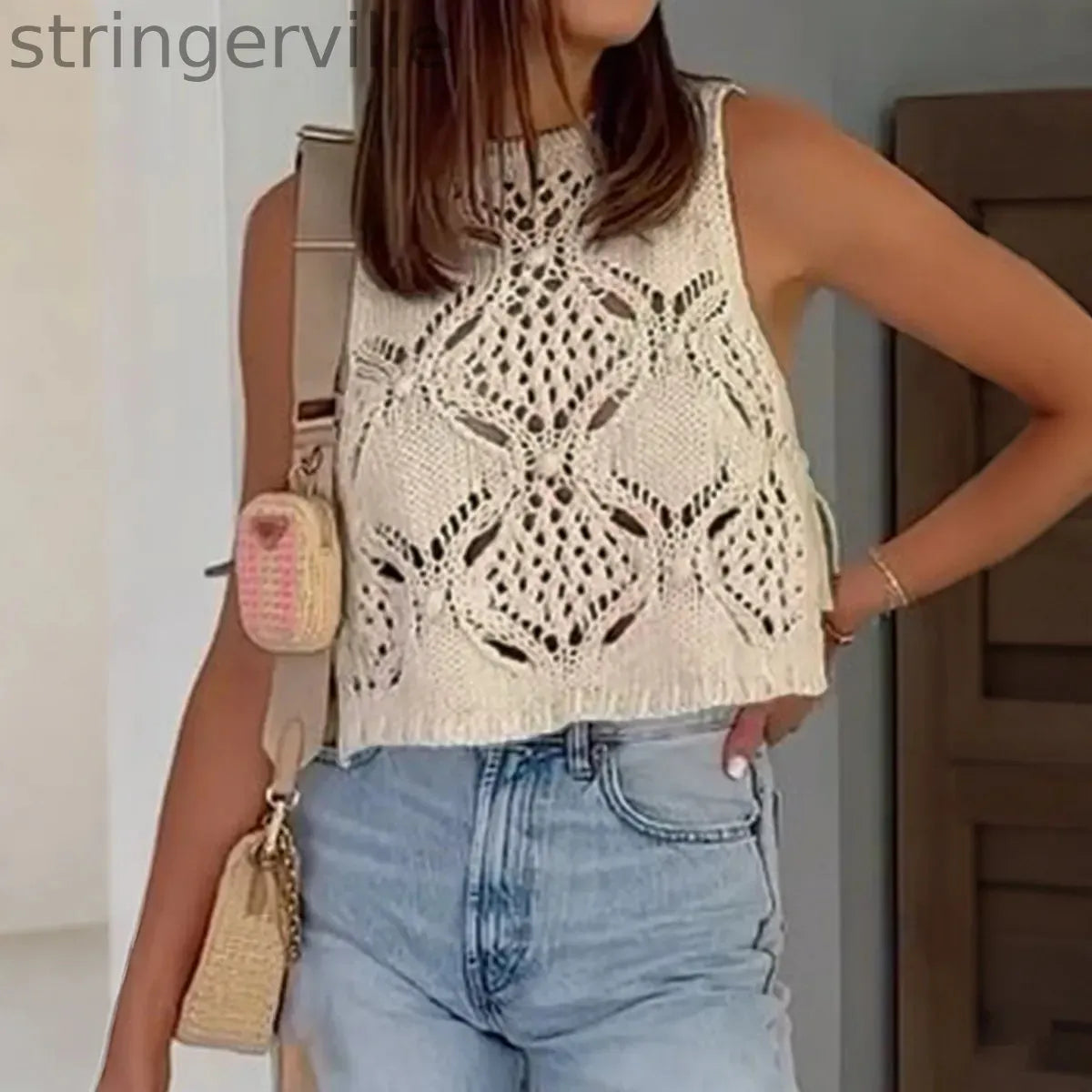 New Women's Sexy Sleeveless Hollow Out Vest Top Y2K Hot Girl Style Cropped Mesh Waistcoat Streetwear Casual Summer Tank