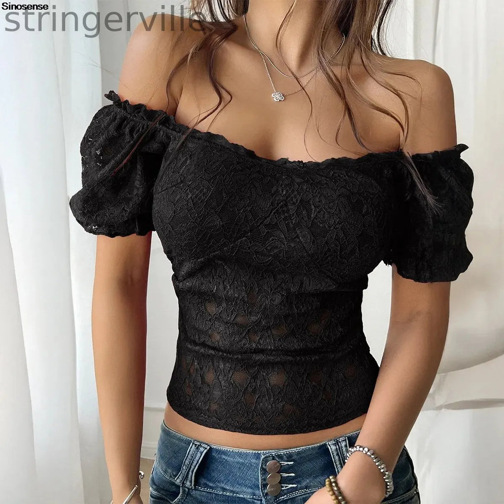 Women's Off Shoulder Crop Top Floral Embroidery Contrast Lace Puff Sleeve Party T-Shirt
