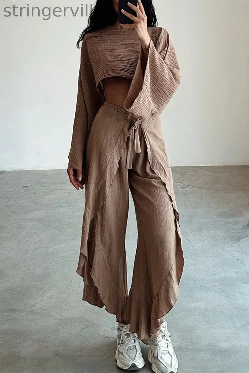 Casual Solid Flounce Slit O Neck Long Sleeve Two Pieces