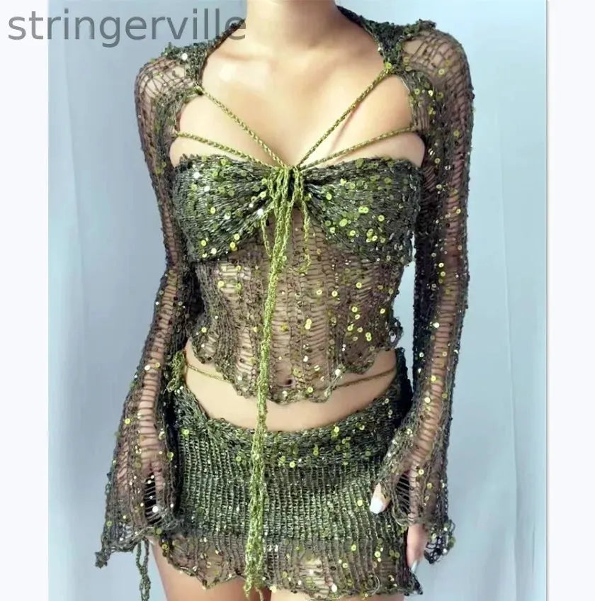 Women's Fashion Casual Sequined Knitted Hollow Suit