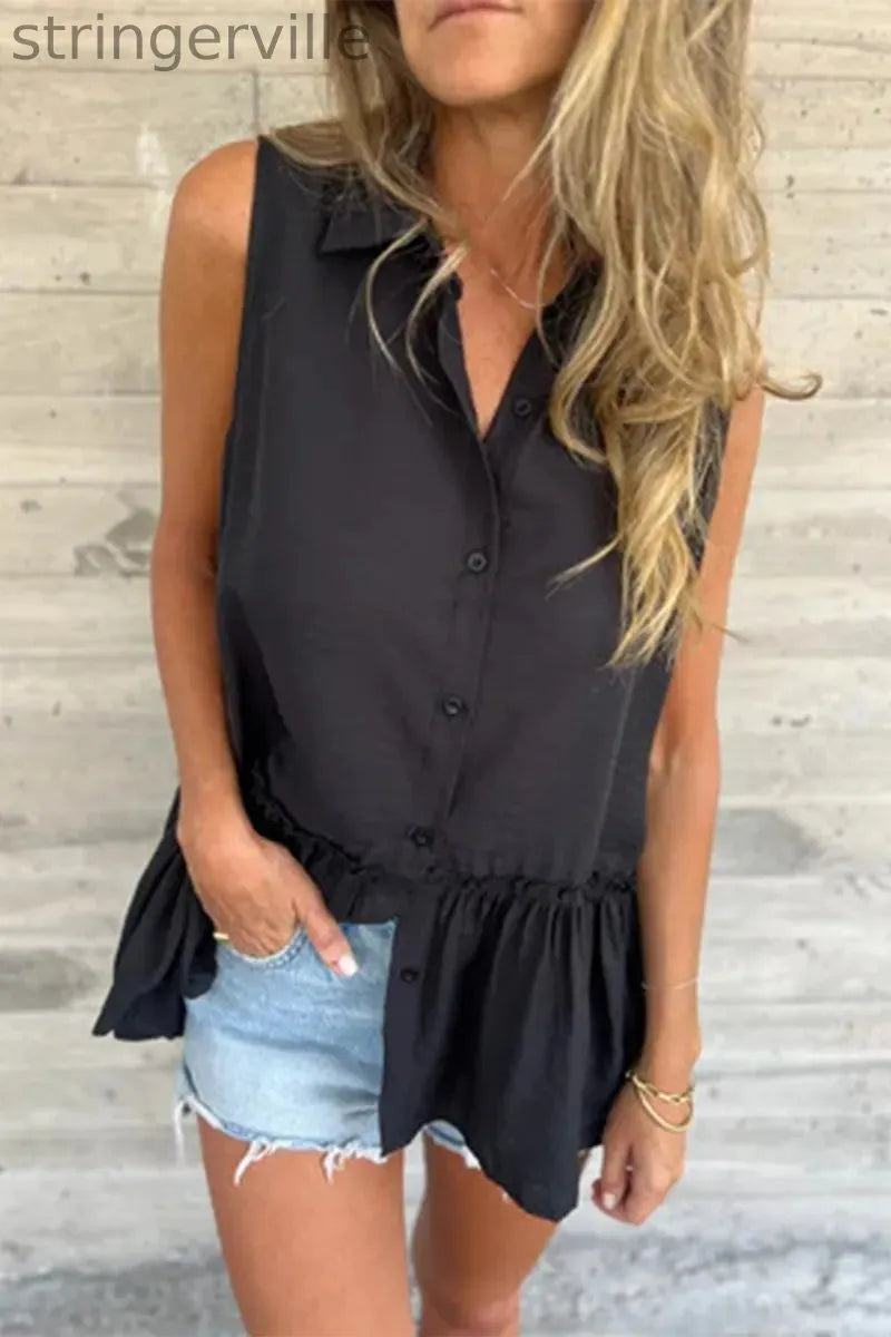 Casual Buttons Pleated Flounce Turndown Collar Tops(3 Colors)