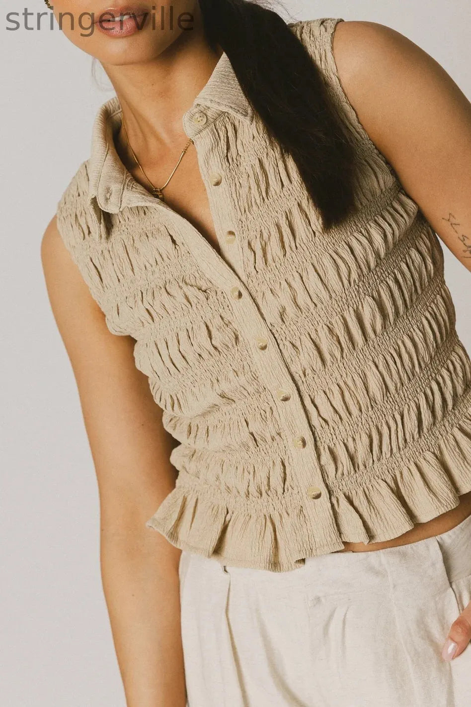 Smocked Button Up in Taupe
