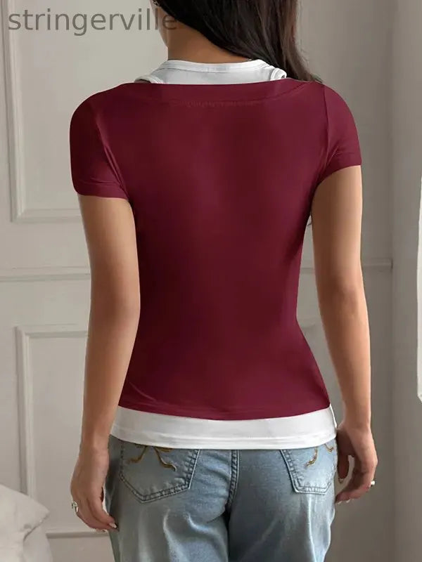 Buttoned Contrast Color False Two Short Sleeves Halter-Neck T-Shirts Tops