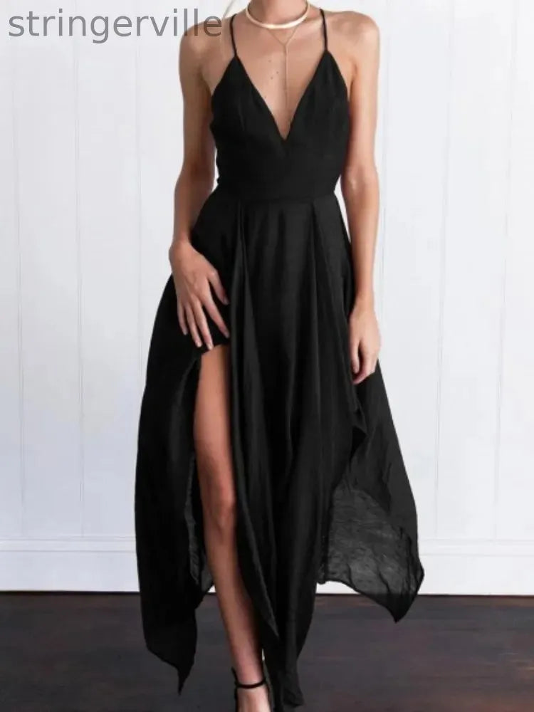 Women's Fashion V-neck Backless Split Suspender Wedding Guest Dresses