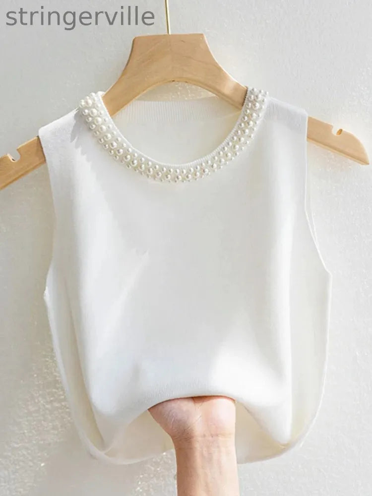 Women's Knitted Tank Top – Sleeveless Solid Color Beaded Vest
