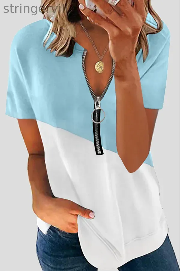 Casual Patchwork Contrast Zipper Zipper Collar T-Shirts