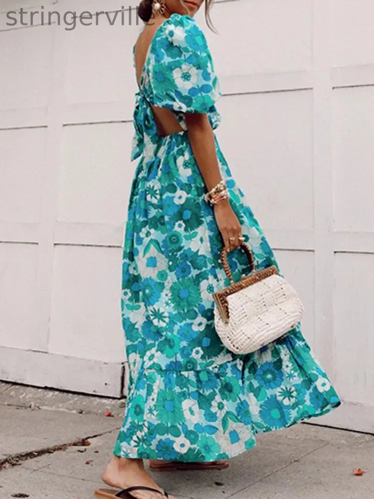 Women Spring Floral Print Long Party  Wedding Guest Dresses