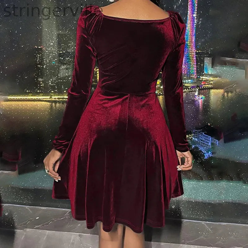 Retro Sexy Elegant High Waist Velvet Long Sleeve V Neck Slim Mini Dress