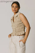 Smocked Button Up in Taupe