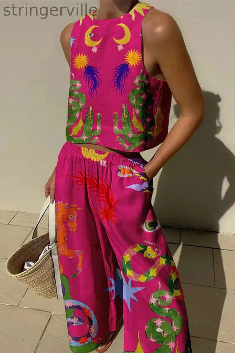 Casual Print Pocket O Neck Sleeveless Two Pieces