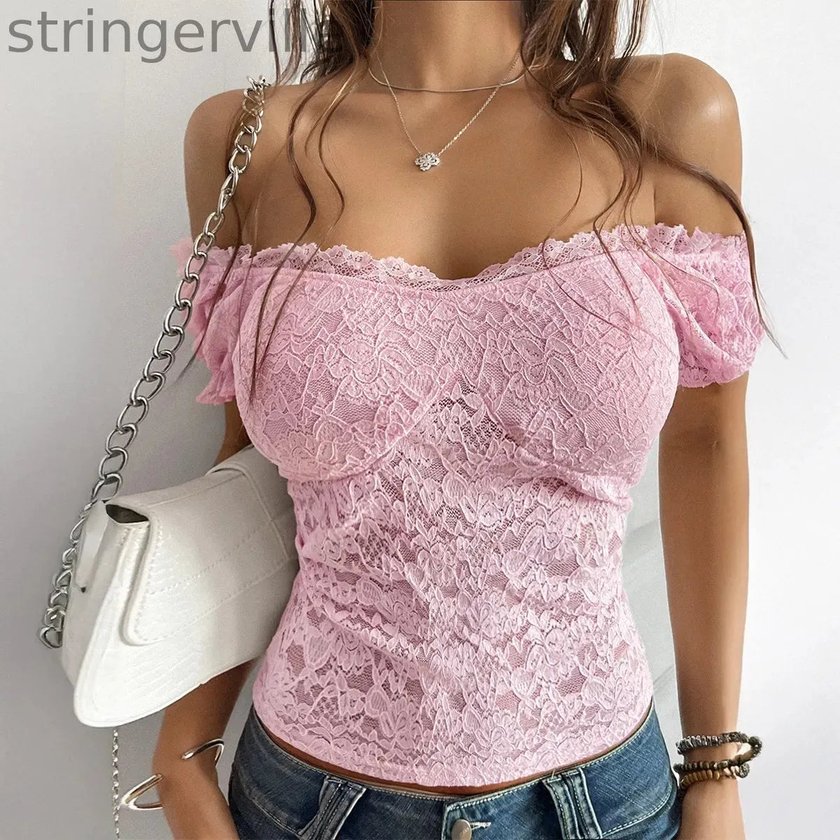 Women's Off Shoulder Crop Top Floral Embroidery Contrast Lace Puff Sleeve Party T-Shirt