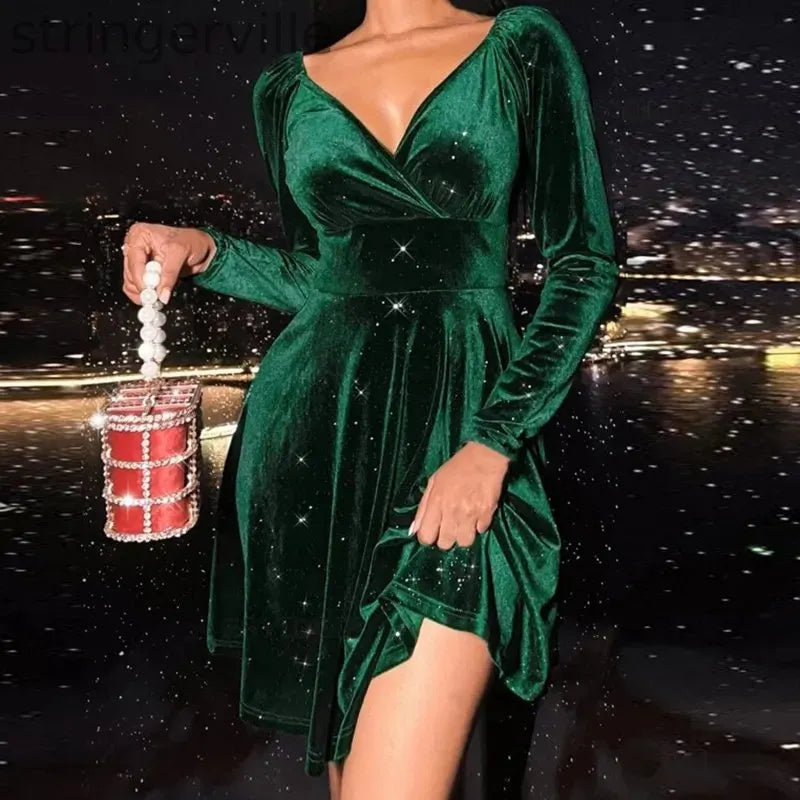 Retro Sexy Elegant High Waist Velvet Long Sleeve V Neck Slim Mini Dress