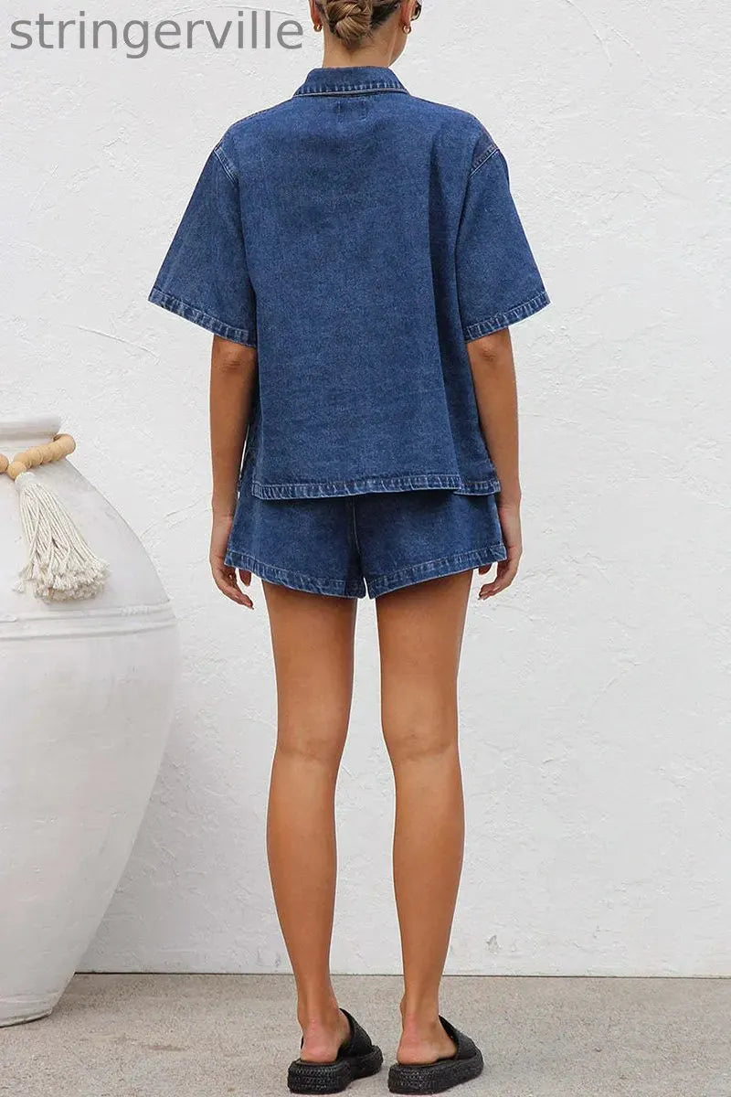 Casual Distressed Draw String Pocket Turndown Collar Short Sleeve Two Pieces