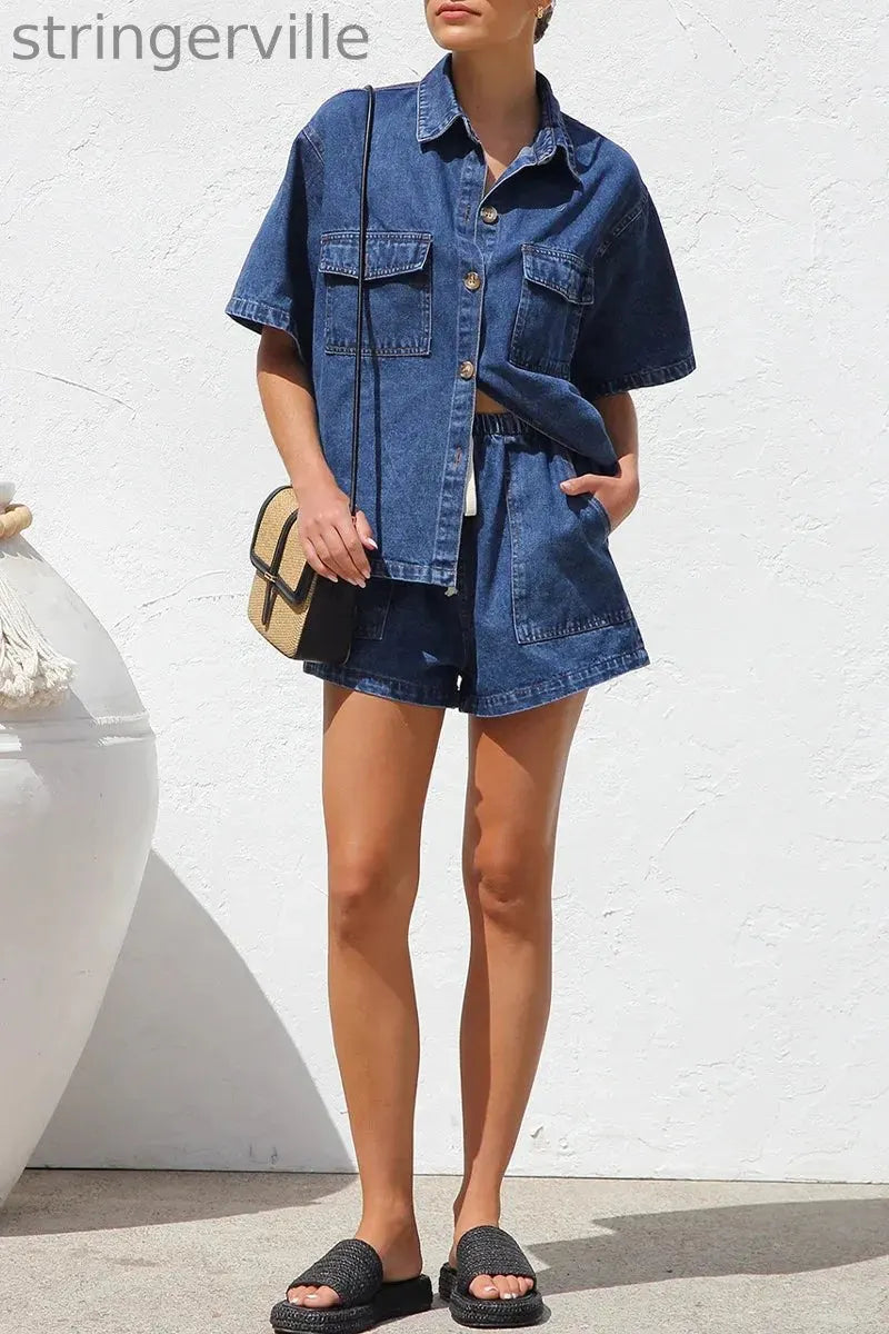 Casual Distressed Draw String Pocket Turndown Collar Short Sleeve Two Pieces
