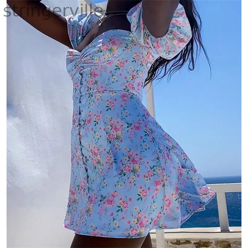 Print Flower Puff Sleeve  Bodycon Wedding Guest Dresses